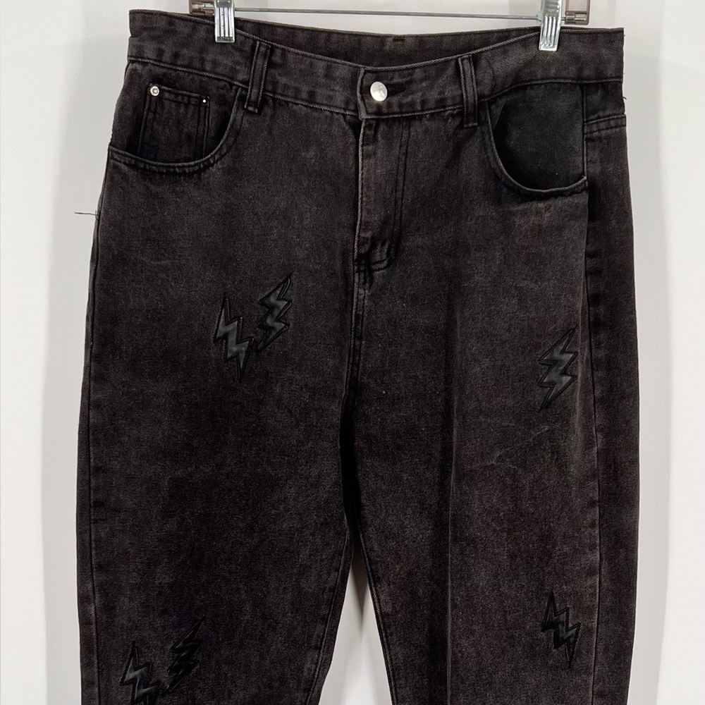 Vintage Men's Black Straight Jeans with Lightning Design